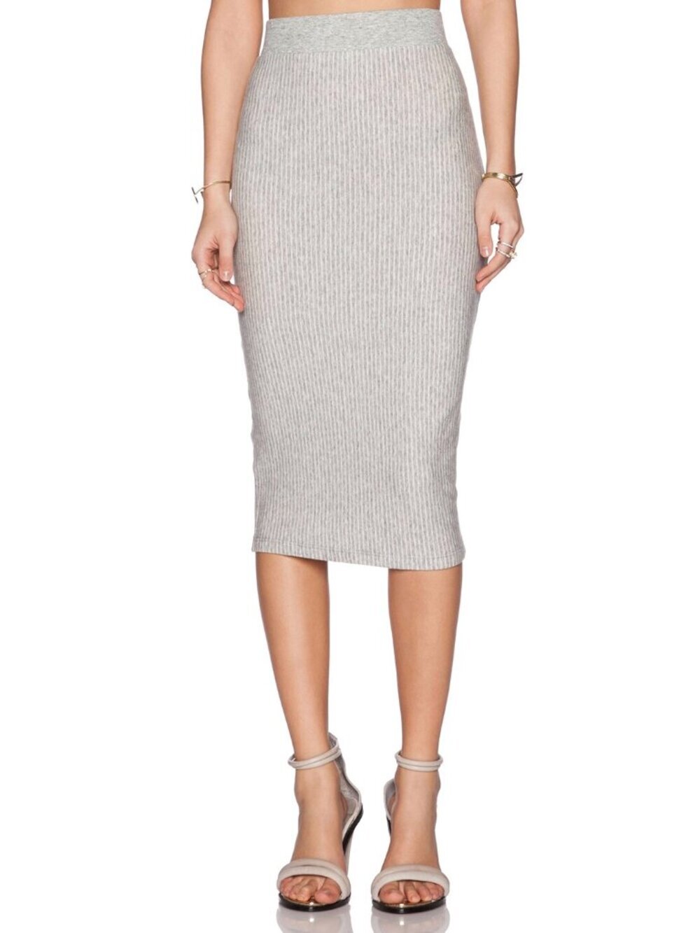 JAMES PERSE Light Grey White Striped Cotton Terry Bodycon Midi Skirt, Size 4/XL